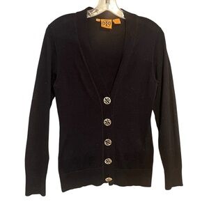 Tory Burch Merino Wool Navy Cardigan Gold Logo Buttons Small